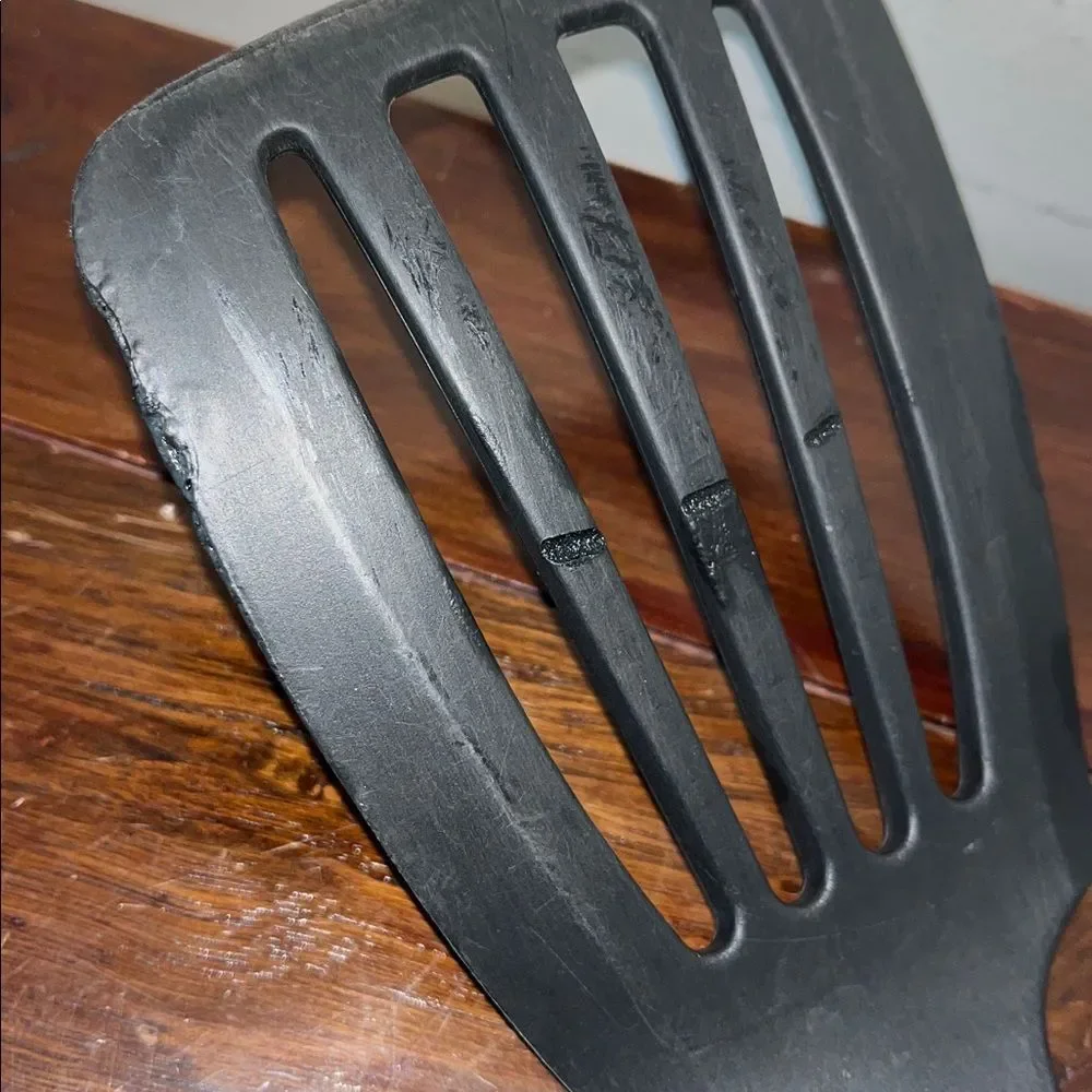 Five (5) plastic kitchen, utensils, 2 pancake flipper slotted, spoon solid spoon